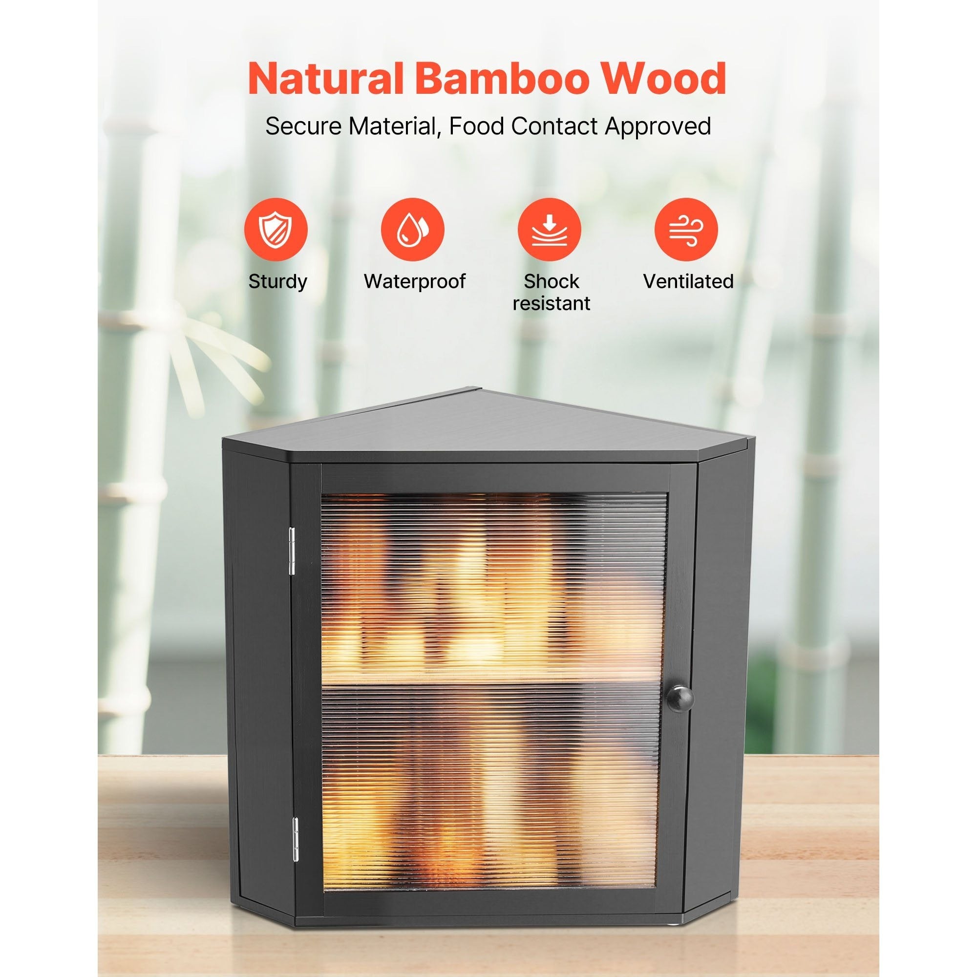 VEVOR Corner Bread Box for Kitchen Counter Double Layer Bamboo Storage Container Black / Natural