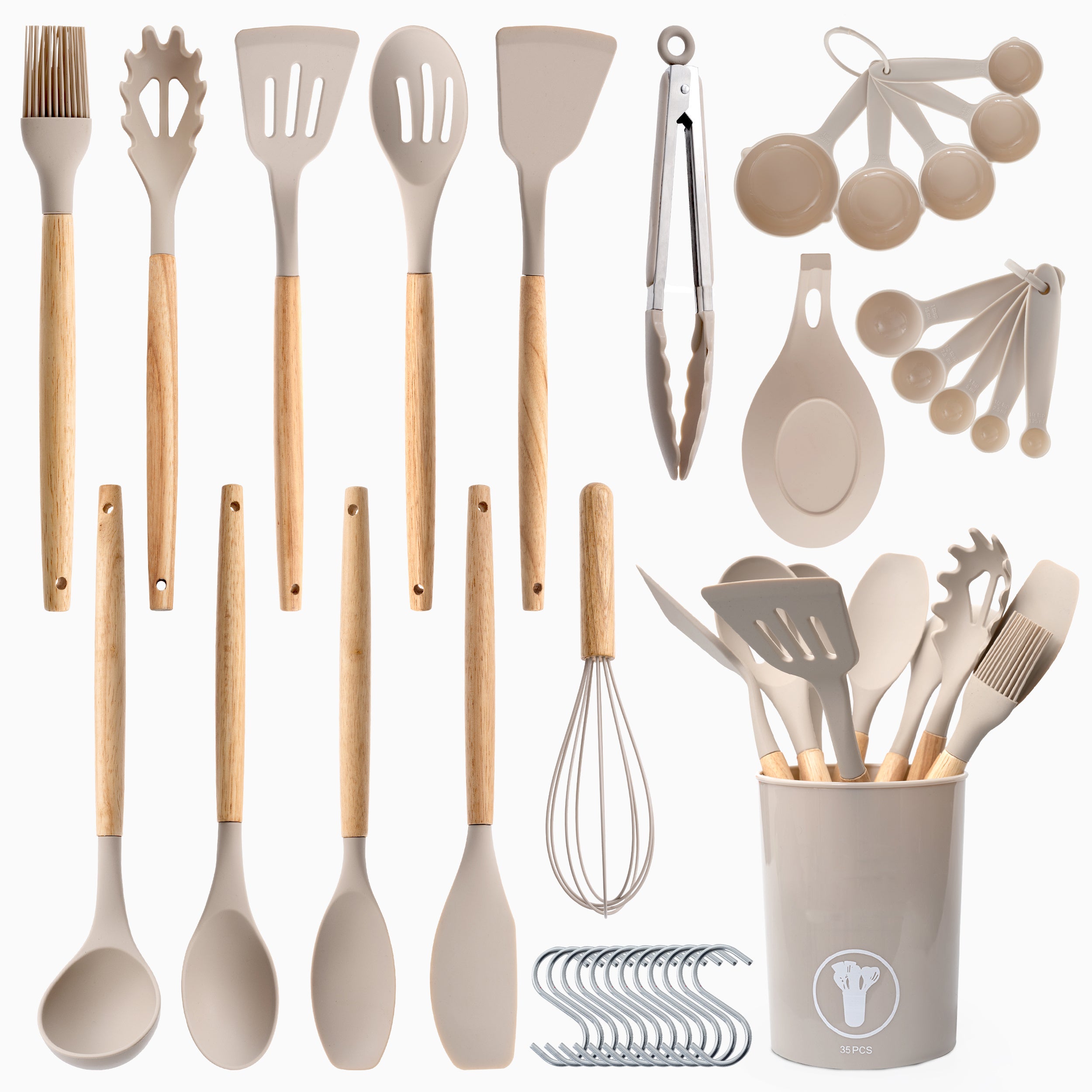 Kitchen Essential – 35 Piece Kitchen Utensils Set with Holder - Heat Resistant Wooden Handle - Silicone Non-Stick Cooking Spatula, Kitchen Essentials Tools and Gadgets for Modern US Homes, e