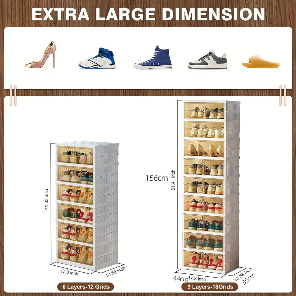 1pc/2pcs Heavy-Duty Collapsible 9-Tier Shoe Cabinet Organizer - Clear Plastic Foldable Stackable Shoe Rack with Shelves, Space-Saving Narrow Storage for Hallway, Apartment, Small Spaces - No Assembly Required (Shelves & Doors)