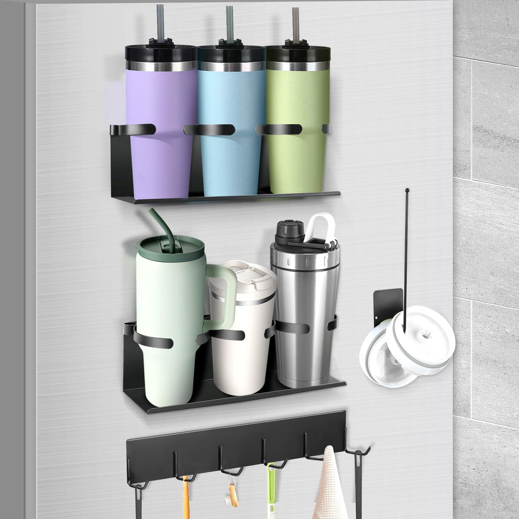 Kitchen Essential – 4-Pack Magnetic Cup Holder for Refrigerator, Magnetic Tumbler Lid Organizer for 20Oz 30Oz 40Oz Cups, Water Bottle Holder Rack with 7 Hooks for Kitchen Fridge Cabinets (Bl
