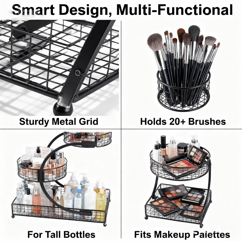 Three-Layer Painted Metal Cosmetic Storage Rack with Tissue Box, Lightweight And Sturdy, Independent Bathroom Countertop Storage Rack, Space-Saving Dressing Table Storage Rack, Suitable for Storing Skincare Products