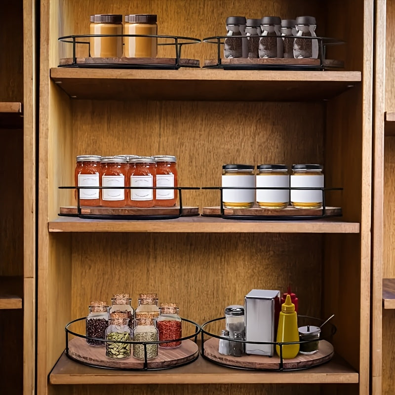 Heavy-Duty Adjustable Home Storage Rack – durable multi-purpose storage, Wooden Rotating Storage Rack with Steel Handrails Kitchen Spice Tray Susan Rotating Solid Wood, designed for American homes, daily convenience and practical gifting