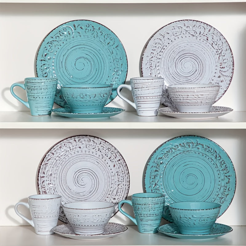 [Gifts Weddings Anniversaries] 16pcs Dinnerware Set Service for 4, Blue & Coffee Color Stoneware Set, Bowls Set, Dishes Set, Including Dinner Plates, Dessert Plates, Salad Bowls And Mugs. Chip & Scratch Resistant. Dishwasher & Microwave Safe. Gifts for We