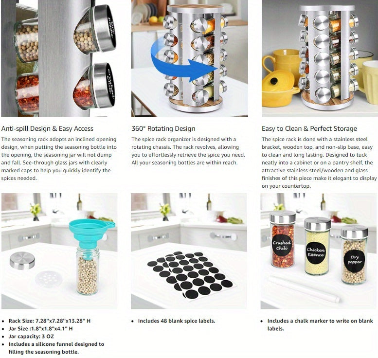 Smart Glass Spice Jar Set – clear reusable pantry storage, Spice Carousel Set Featuring 20 Spice Jars Kitchen Spice Organizer for Countertop Or Cupboard, designed for American homes, daily convenience and practical gifting