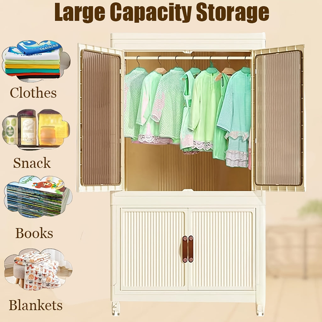 Portable Closet Wardrobe, Folding Storage Bins with Lid, Closet Organizers And Storage, Stackable Storage Box with Hanging Rod And Doors, Collapsible Plastic Clothes Cabinet with Wheels, 10 Hangers