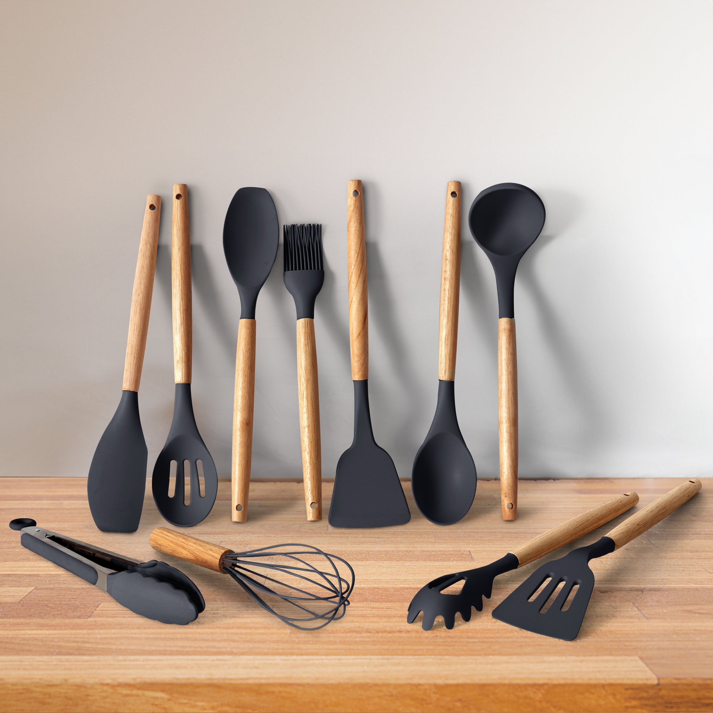 Kitchen Essential – 35 Piece Kitchen Utensils Set with Holder - Heat Resistant Wooden Handle - Silicone Non-Stick Cooking Spatula, Kitchen Essentials Tools and Gadgets for Modern US Homes, e