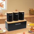 Black Bread Bin with 3 Canister Sets for Tea, Sugar, Coffee Containers