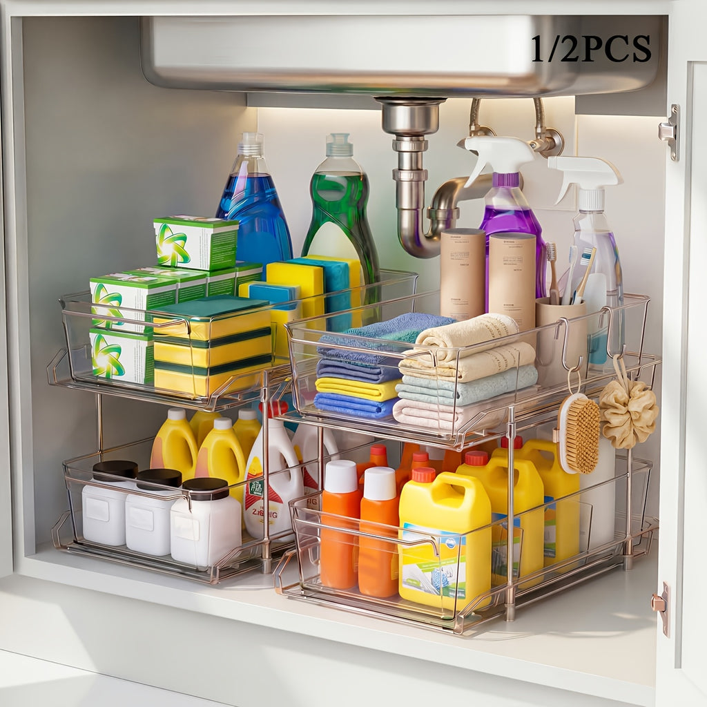 1/2pcs Large-Capacity Double-Layer Transparent Pull-Out Storage Multi-Purpose Slide-Out Storage Container Space-Saving Design Durable Plastic Shelves Bathroom Vanity Storage Sink Cabinet Storage Kitchen Organization