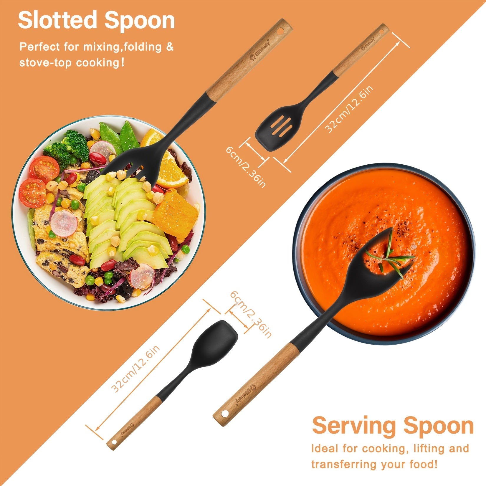 Set of 2 Silicone Cooking Spoons, Sturdy Slotted Spoon with Wooden Handle, Nonstick Silicone Kitchen Utensils for Cooking, Heat-Resistant Spatula Set for Serving, Basting, And Mixing