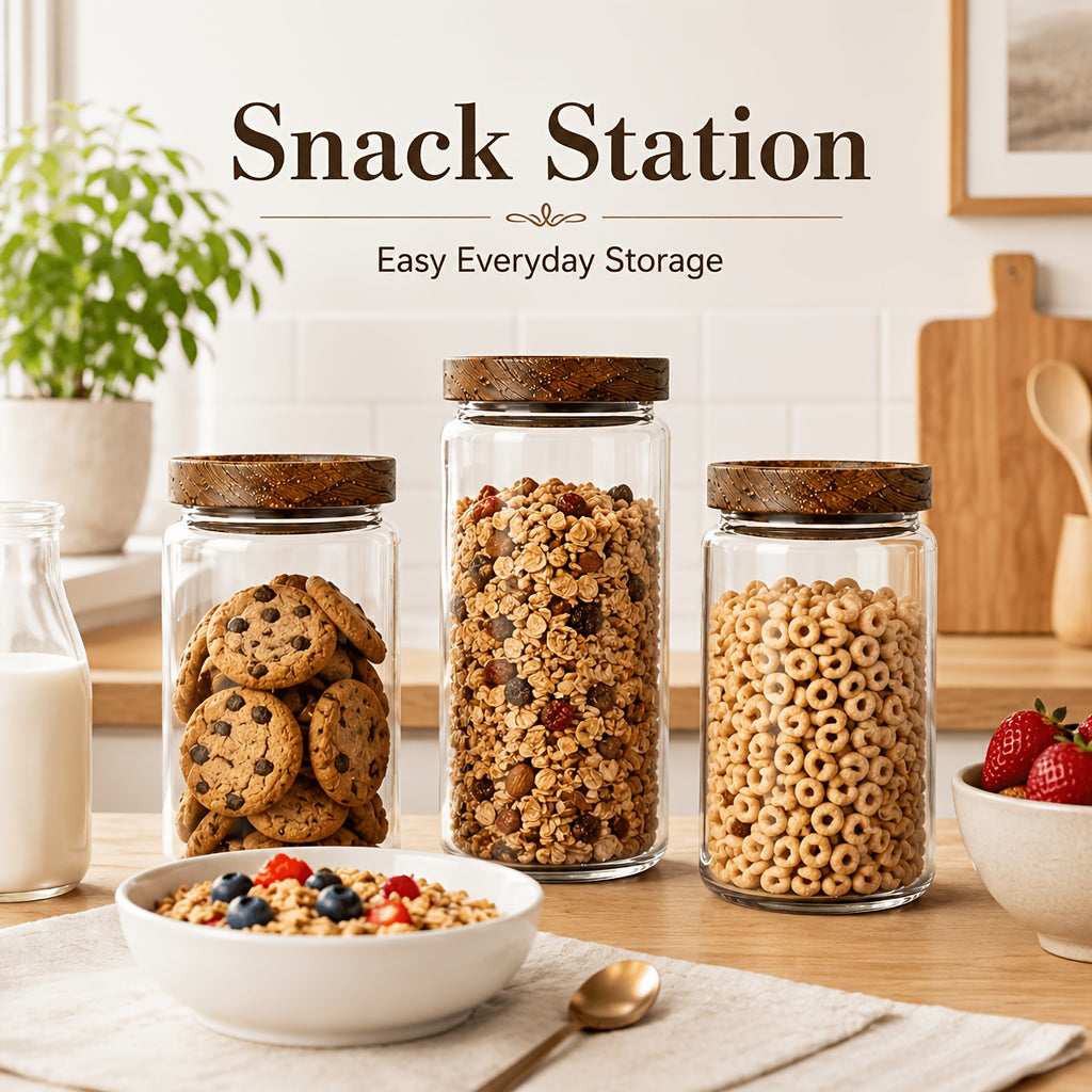 Compact 4pcs Stackable Home Storage Bins – portable space-saving storage, 4pcs Sealed Glass Storage Tank with Wooden Lid - Food Grade Transparent Kitchen Storage, designed for American homes, daily convenience and practical gifting