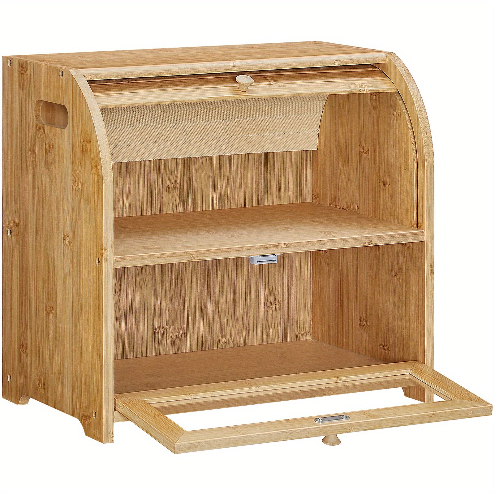 Natural, Bread Box, Natural Bamboo Bread Box for Kitchen Countertop, 2 Tier Roll-Top Bread Bin, Food Storage Box, Storage Cabinet, for Kitchen, Dining Room