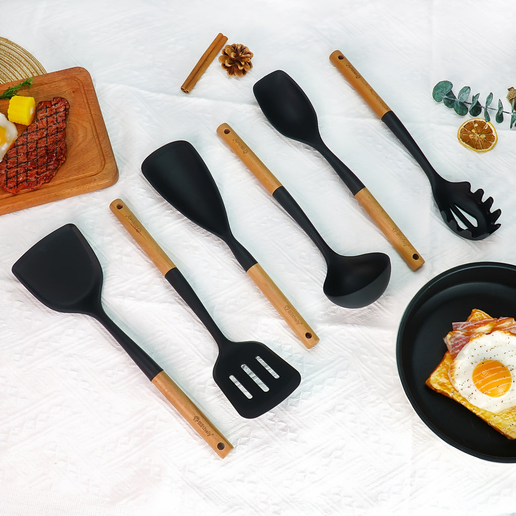 10Pcs Silicone Cooking Utensils Set , Nonstick Kitchen Utensils Set with Wooden Handle, Heat Resistant Spatula Set for Cooking, Heat Resistant Silicone Kitchen Gadgets Tools with Spoons, Spatula Set, Turners