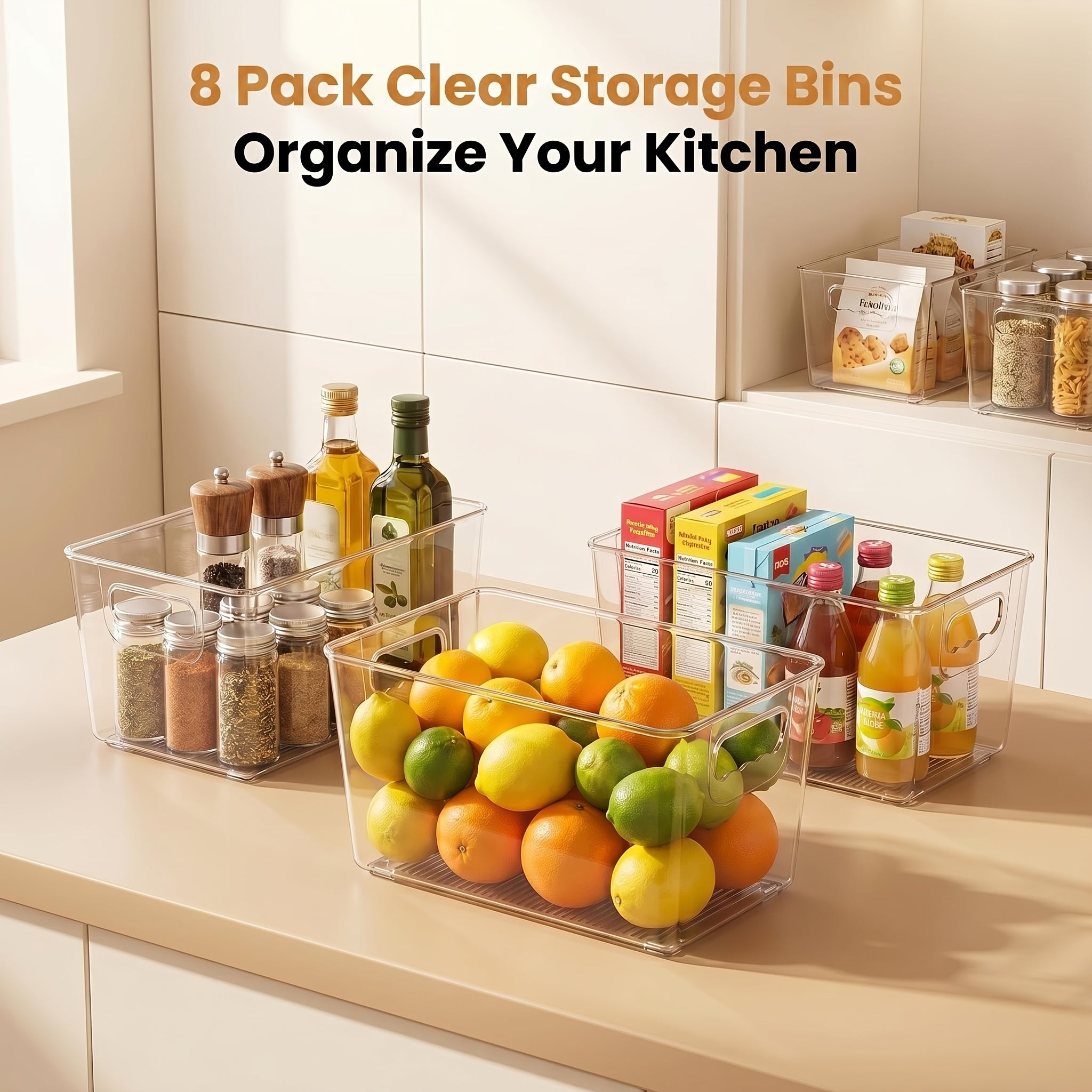 [8-Pack Storage Bins] Clear Plastic Storage Bins, 8-Pack Pantry Organizer Bins With Handle For Kitchen, Freezer, Cabinet, Closet Organization And Storage