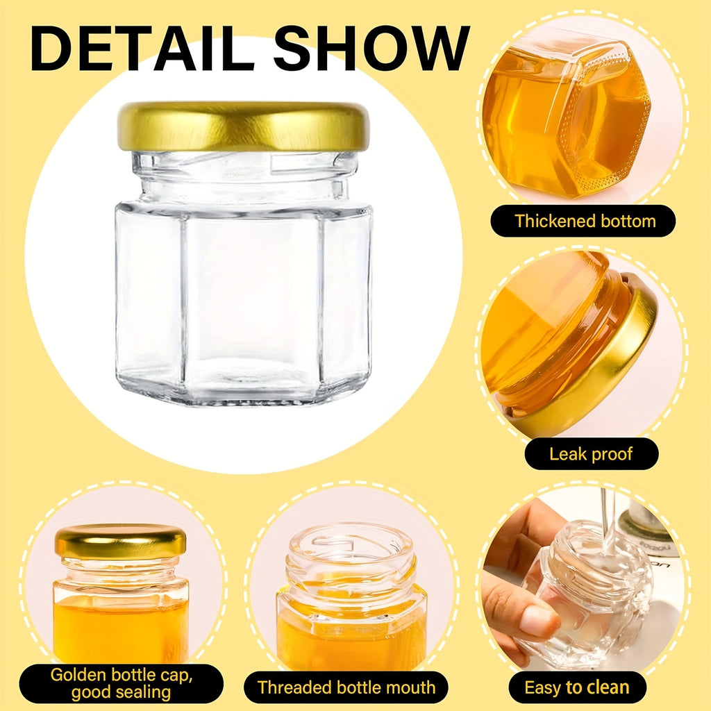 Space-Saving 5oz Airtight Storage Jar Set – clear reusable pantry storage, 1 5oz Mini Glass Hexagon Canning Jars with Golden Lid Bee Charms Honeybee Pendant, designed for American homes, daily convenience and practical gifting