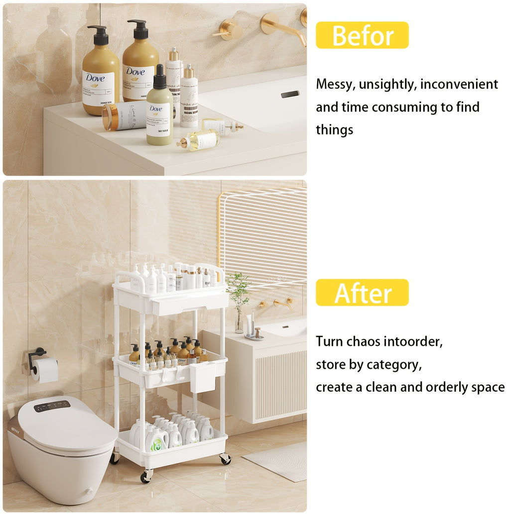 Kitchen Essential – 3 Tier Multifunctional Rolling Cart with Drawer, Durable Plastic Rolling Cart- with Drawers And Lockable Wheels, Includes Practical Accessories Like Cup Holders And Hooks