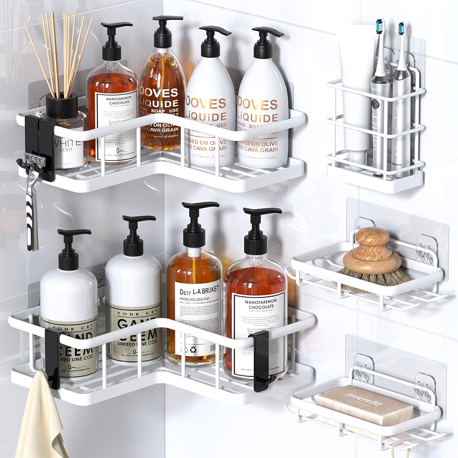 Versatile 5pcs Adjustable Home Storage Rack – durable multi-purpose storage, 5pcs Corner Adhesive Shower Caddy with Soap Holder And Toothbrush Holder Rustproof Stainless Steel, designed for American homes, daily convenience and practical gifting