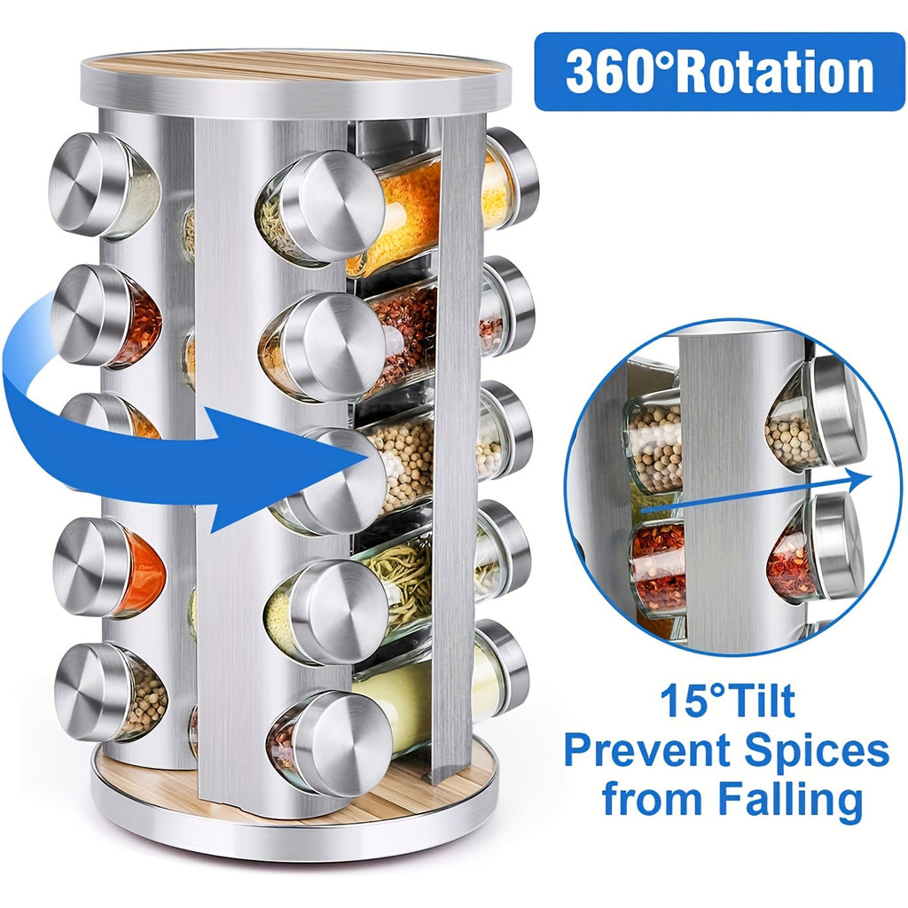 Spice Rack Organizer with Jars for Cabinet Revolving/Rotating Seasoning Organizer, Stainless Steel/Wooden Countertop Rack Tower Organizer for Kitchen Pantry with Reusable Labels/Funnel/Brushes