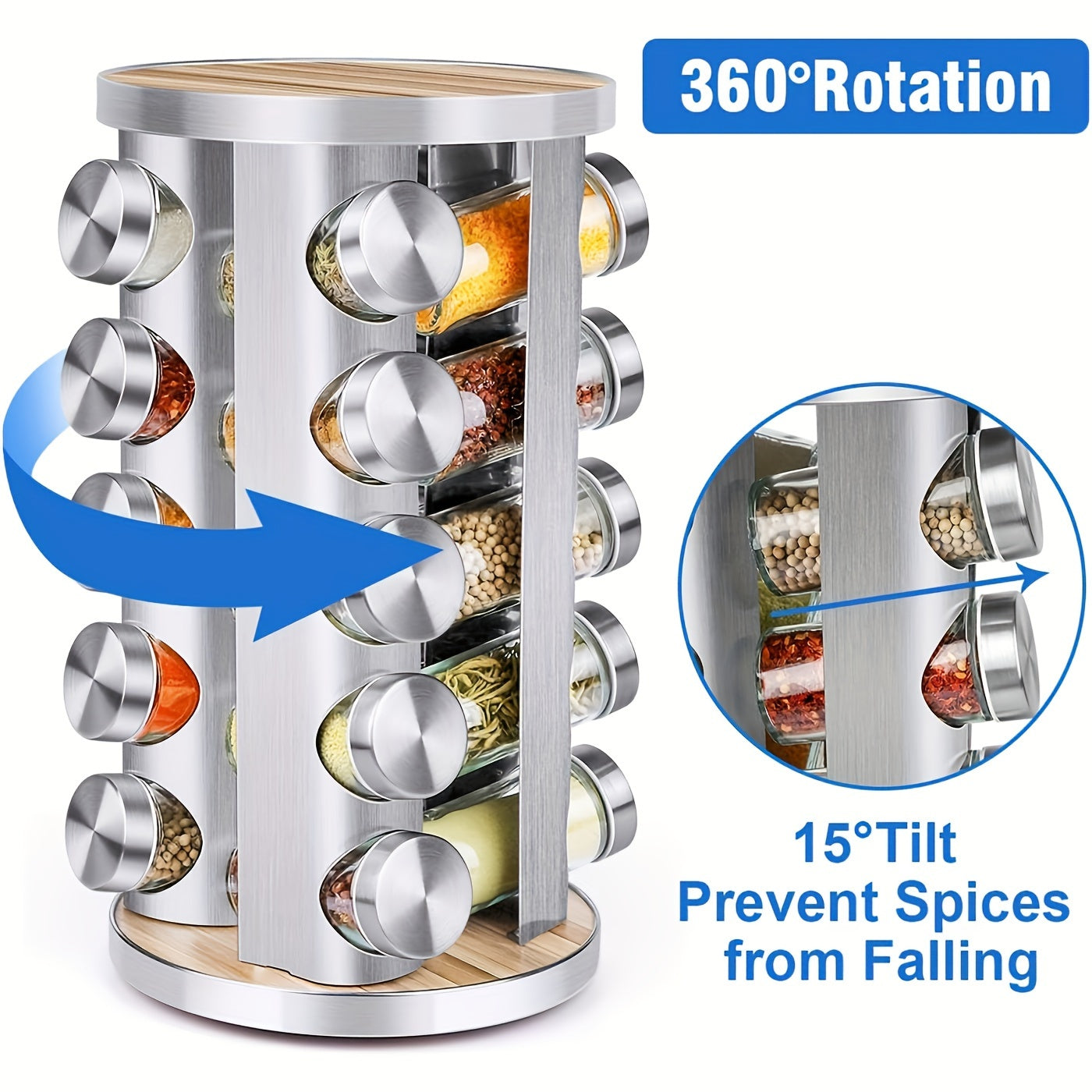 Spice Rack Organizer with Jars for Cabinet Revolving/Rotating Seasoning Organizer, Stainless Steel/Wooden Countertop Rack Tower Organizer for Kitchen Pantry with Reusable Labels/Funnel/Brushes