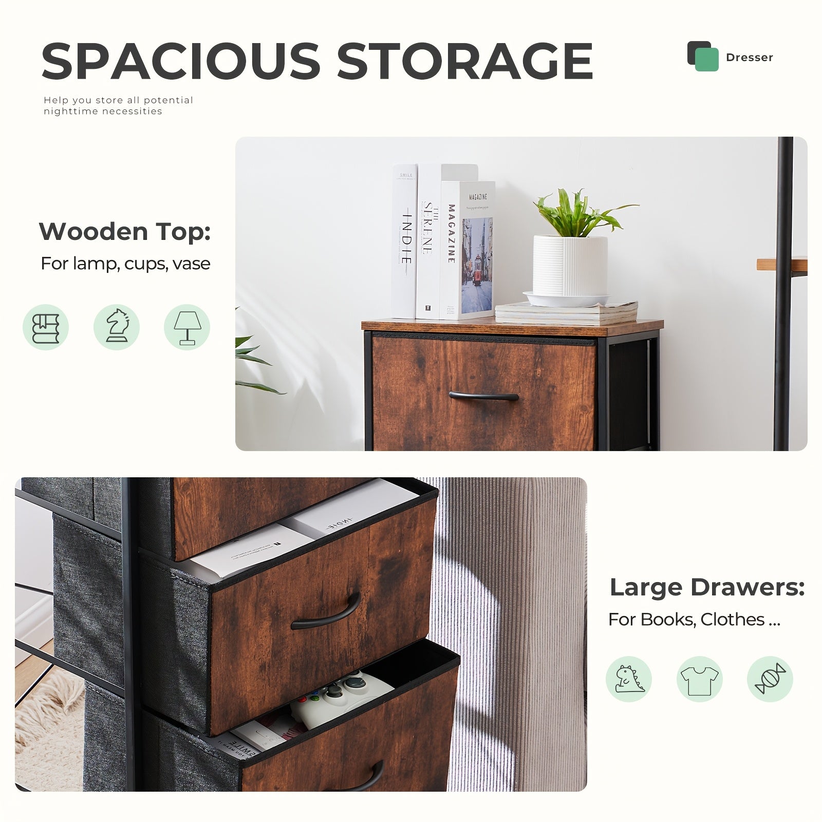 4-Drawer Dresser Organizer Storage Drawers, Chest of Drawers with Fabric Bin, Steel Frame, Wood Top, Use for Lab, Closet, Black/Brown/White/Gray to Choose