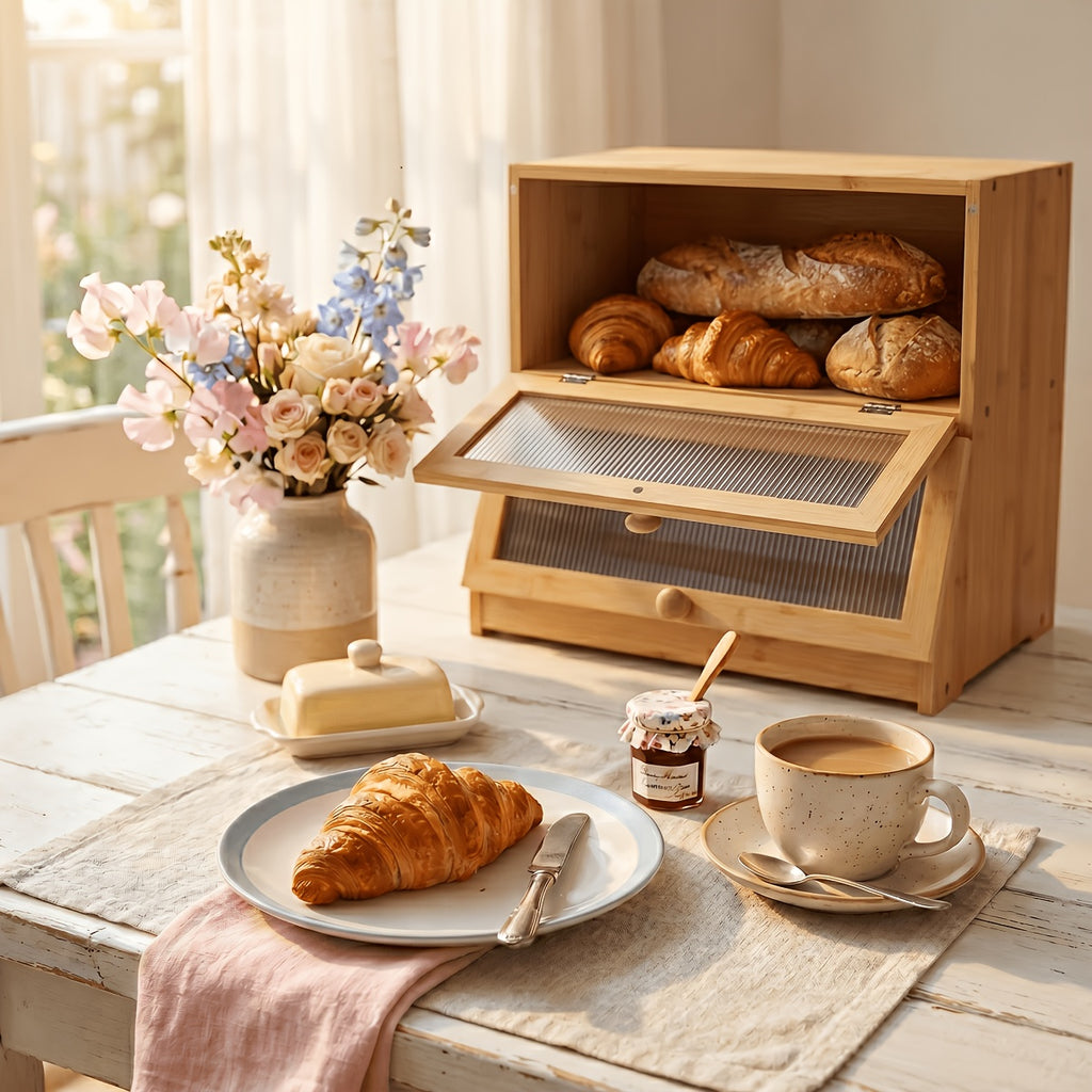 Versatile Countertop Bread Storage Box – fresh-bread countertop organization, 2-Tier Bamboo for bread Box Roll-Top Doors No Cross Flavor Natural Bamboo Countertop Food, designed for American homes, daily convenience and practical gifting