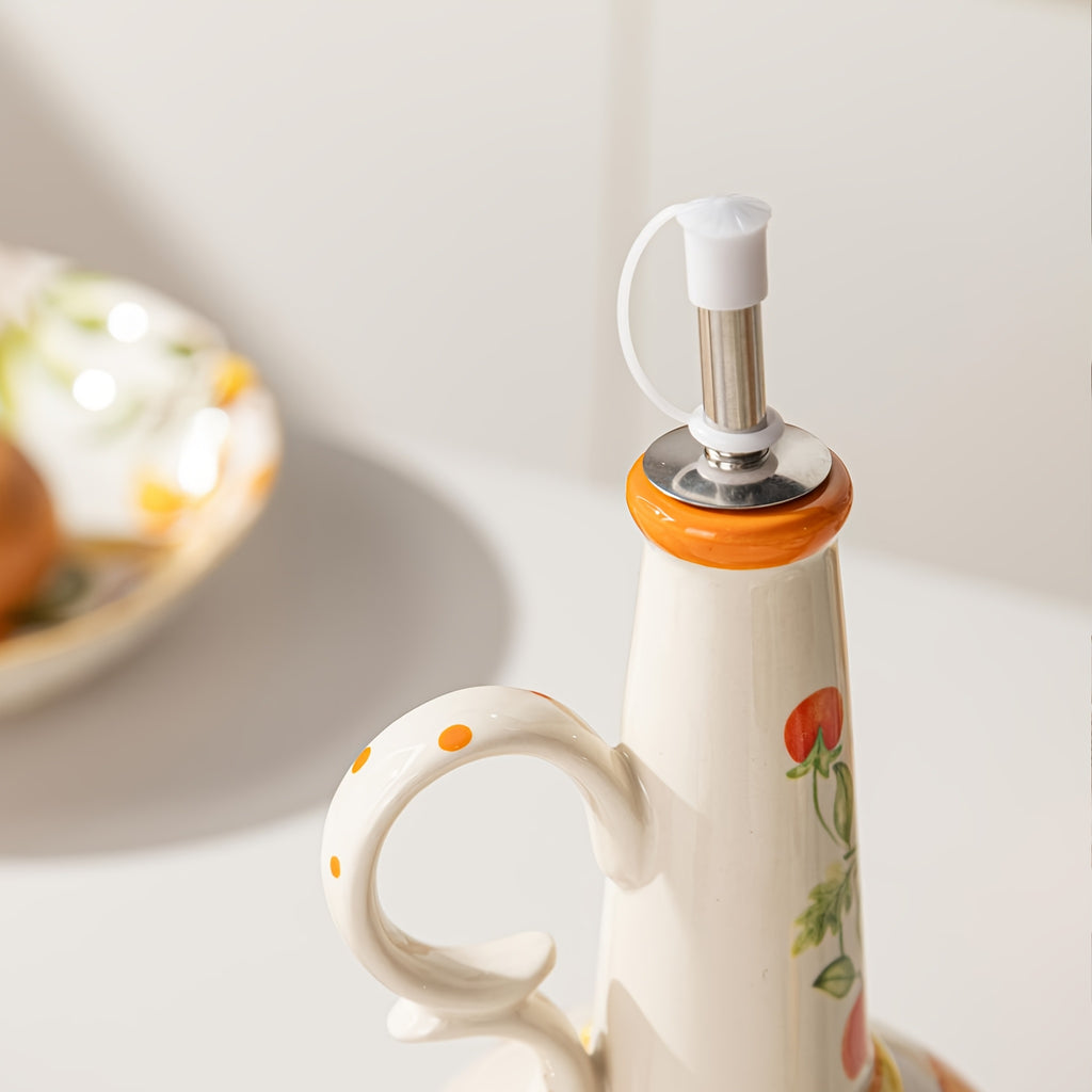 1pc Hand-Painted Ceramic 650Ml (21.98Oz) Leakproof Oil And Vinegar Cruet with Autumn Pumpkin Pattern, Refillable Oil Bottle for Olive Oil, Vinegar, And Soy Sauce, Farmhouse Thanksgiving Kitchen Decor