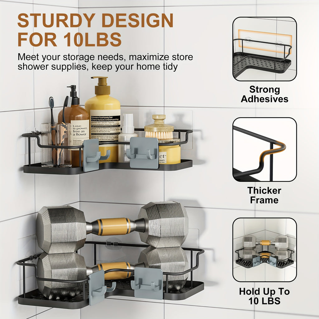 2/3pcs Stainless Steel No Punching Bathroom Shelf, Large Capacity Bathroom Kitchen Sundries Storage Rack, Bathroom Soap Razor Storage Rack, Room Bedroom Wall-Mounted Sundries Storage Rack, with Four Hook Design, Bathroom Additions, Shelves