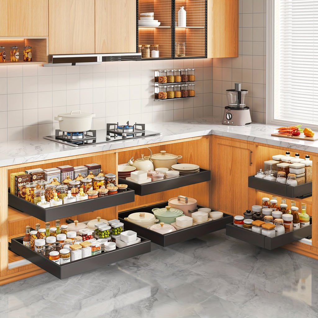 Easy-Access Pull-Out Cabinet Organizer – smooth-access cabinet organization, Set of 4 Sturdy Carbon Steel Sliding Storage Organizers for Kitchen Cabinets Featuring Expandable, designed for American homes, daily convenience and practical gifting