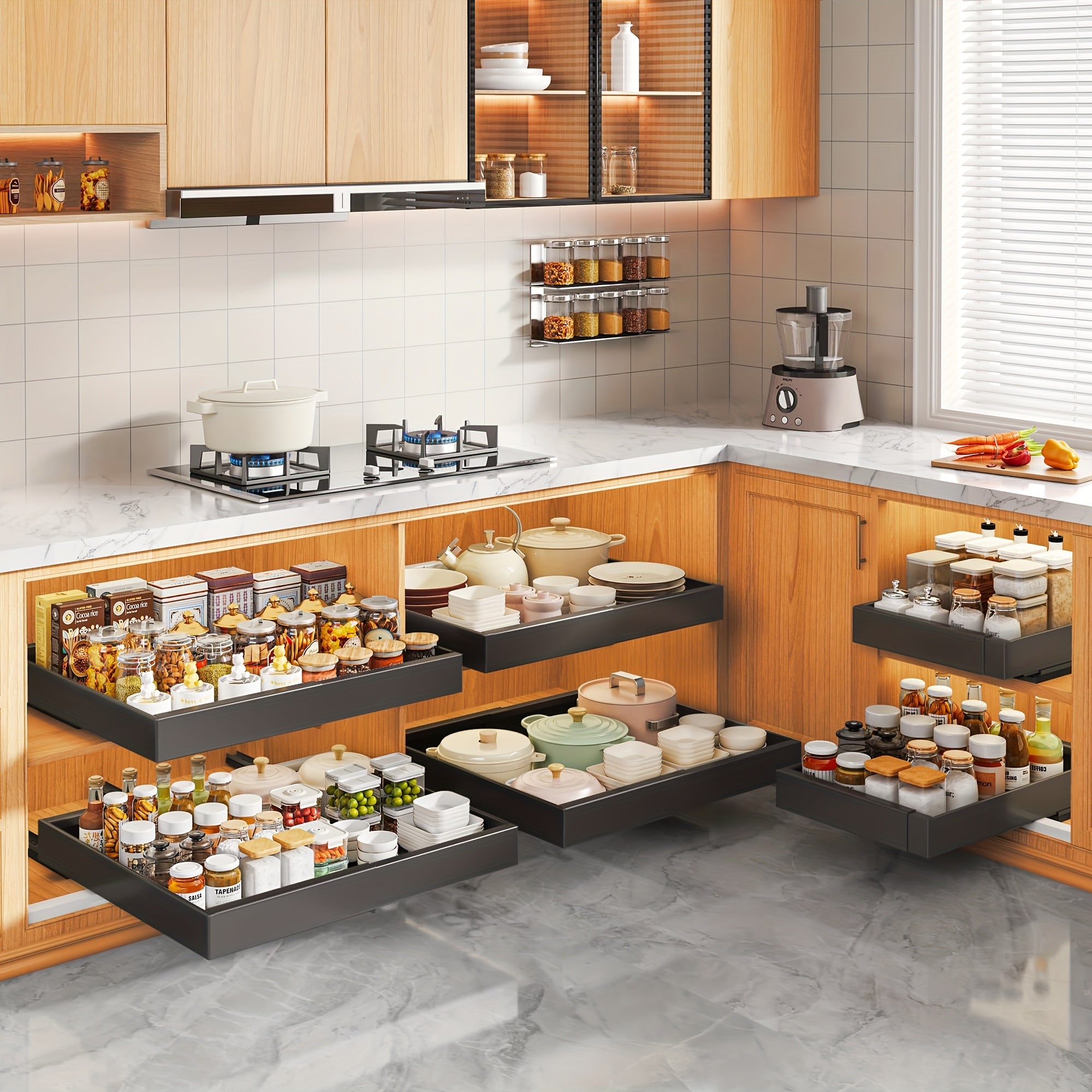 Easy-Access Pull-Out Cabinet Organizer – smooth-access cabinet organization, Set of 4 Sturdy Carbon Steel Sliding Storage Organizers for Kitchen Cabinets Featuring Expandable, designed for American homes, daily convenience and practical gifting
