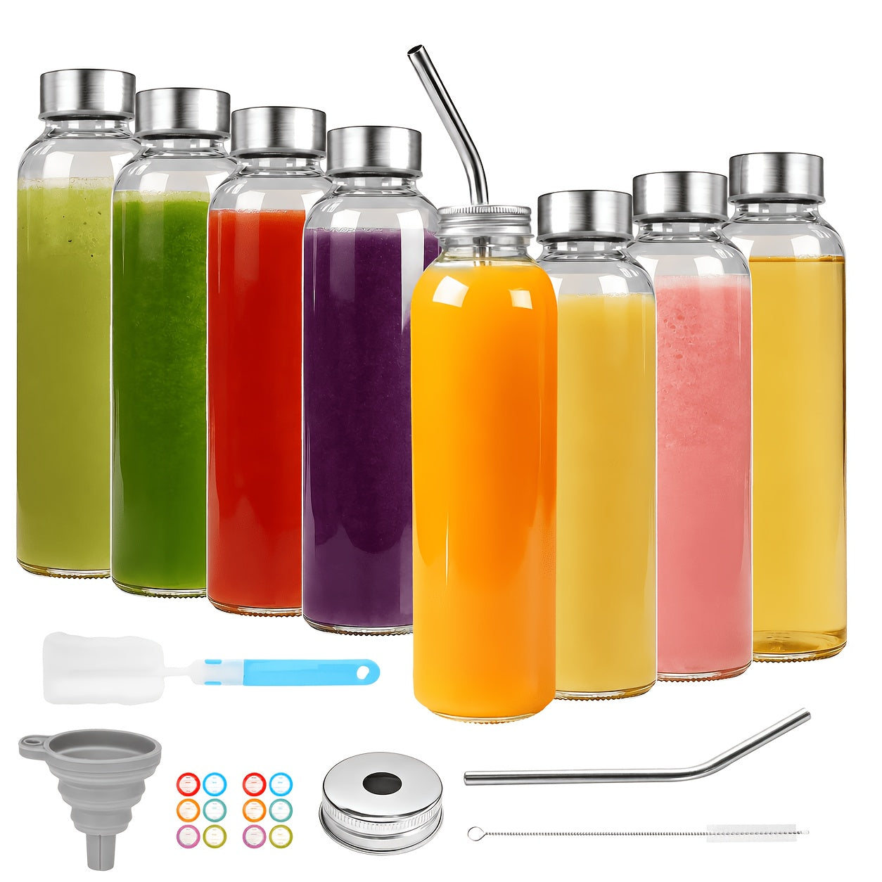 6/8pcs Glass Bottles with Lid, 18oz Clear Juice Bottles, Leakproof & Reusable Glass Bottle with Stainless Steel Cap-for Juice, Beverage, Refrigerator, Travel Use