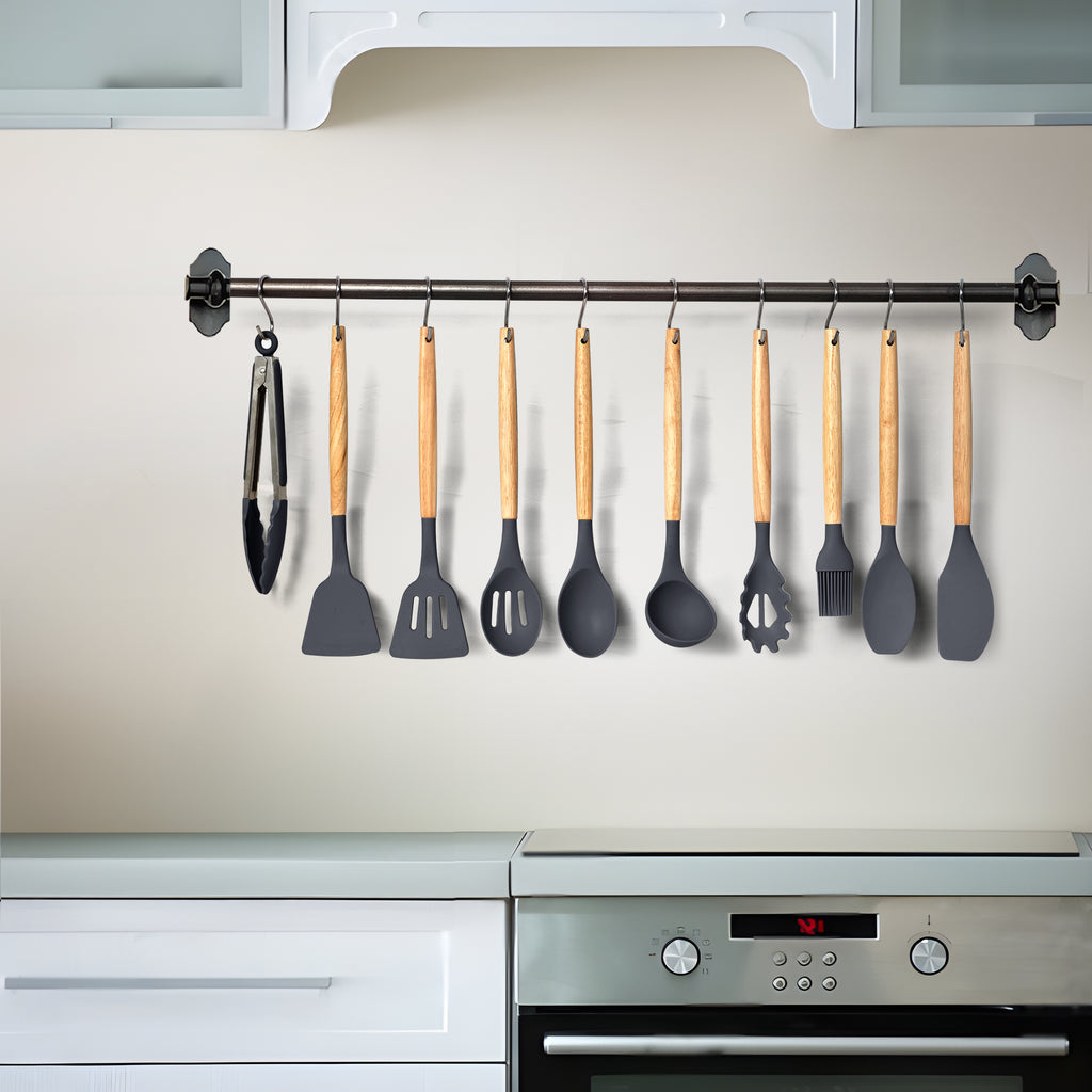 Kitchen Essential – 35 Piece Kitchen Utensils Set with Holder - Heat Resistant Wooden Handle - Silicone Non-Stick Cooking Spatula, Kitchen Essentials Tools and Gadgets for Modern US Homes, e