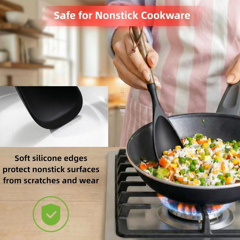 Kitchen Essential – 2pcs Cooking Spoon Set, Suitable for Non-stick Pans, 12-inch Silicone Spoon And Spatula with Wooden Handle, Used for Cooking, Serving, Mixing, Scooping And Scraping, Blac
