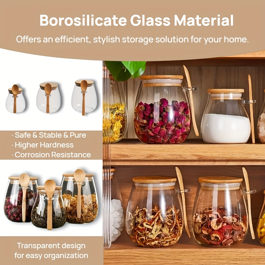 2pcs Set Sealed Glass Storage Jar with Spoon, Reusable Flip Top Round Container, Hand Wash Multipurpose for Coffee, Sugar, Tea, Salt, Candy, Spices - Ideal for Home, Restaurant, Food Trucks