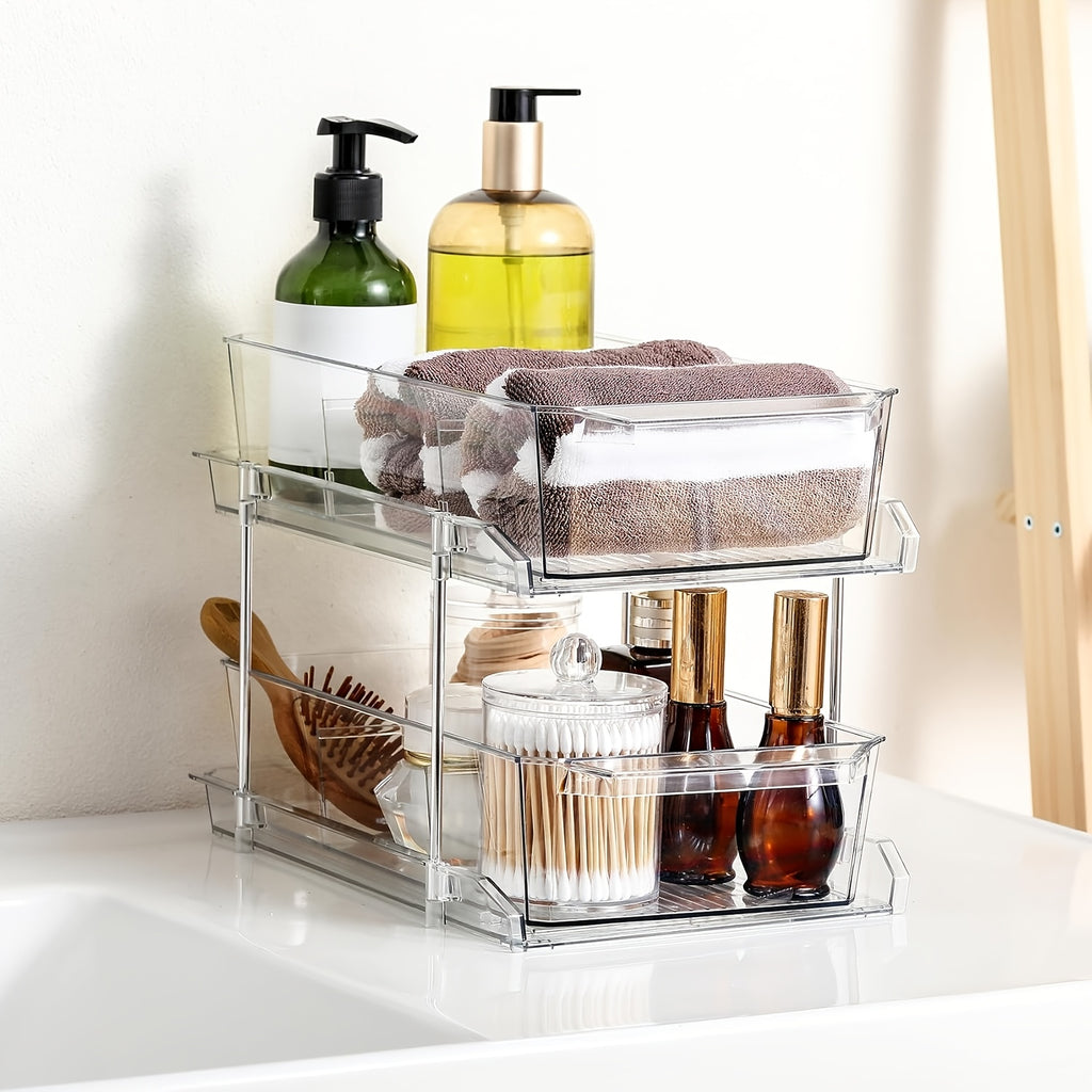 1/2pcs Large-Capacity Double-Layer Transparent Pull-Out Storage Multi-Purpose Slide-Out Storage Container Space-Saving Design Durable Plastic Shelves Bathroom Vanity Storage Sink Cabinet Storage Kitchen Organization