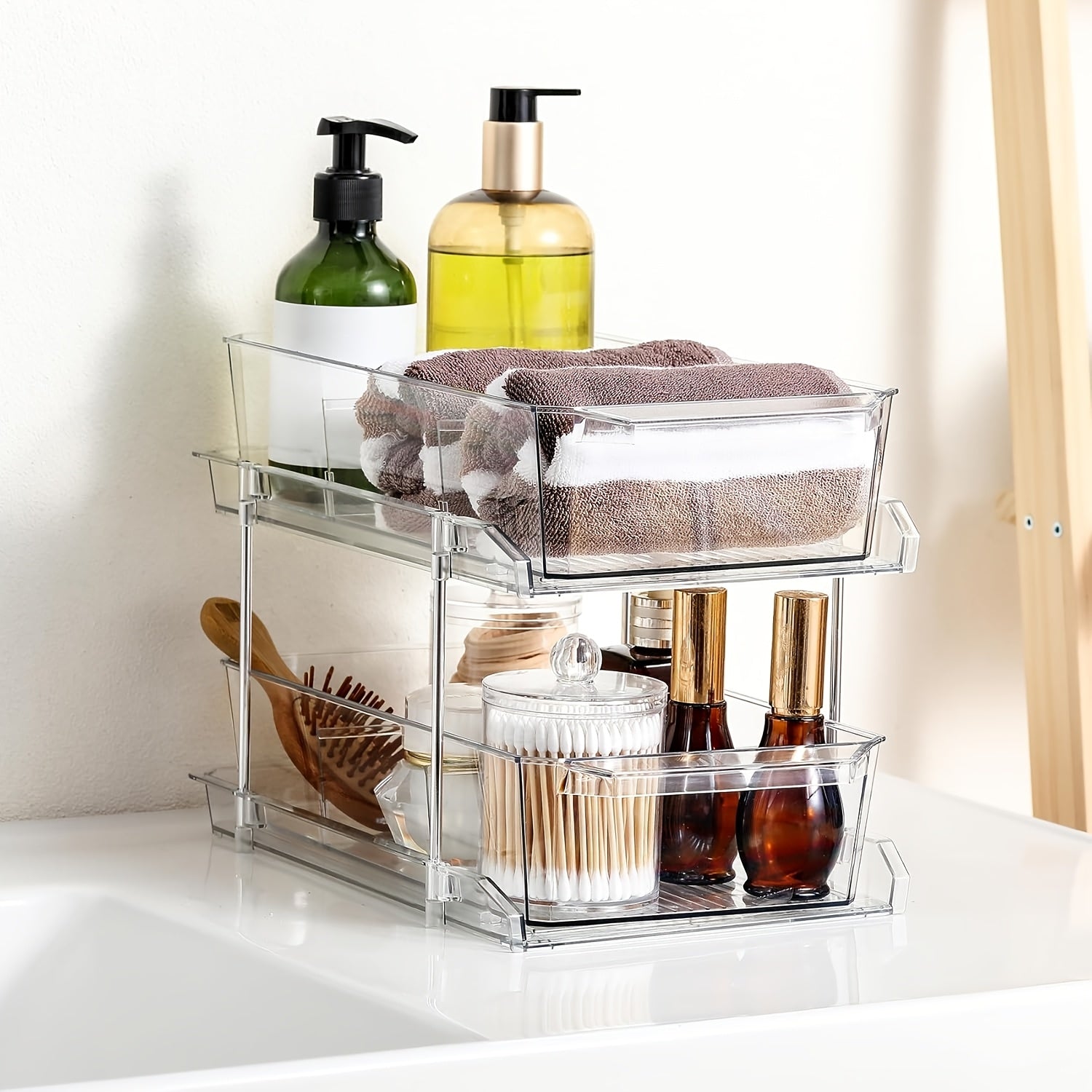 1/2pcs Large-Capacity Double-Layer Transparent Pull-Out Storage Multi-Purpose Slide-Out Storage Container Space-Saving Design Durable Plastic Shelves Bathroom Vanity Storage Sink Cabinet Storage Kitchen Organization