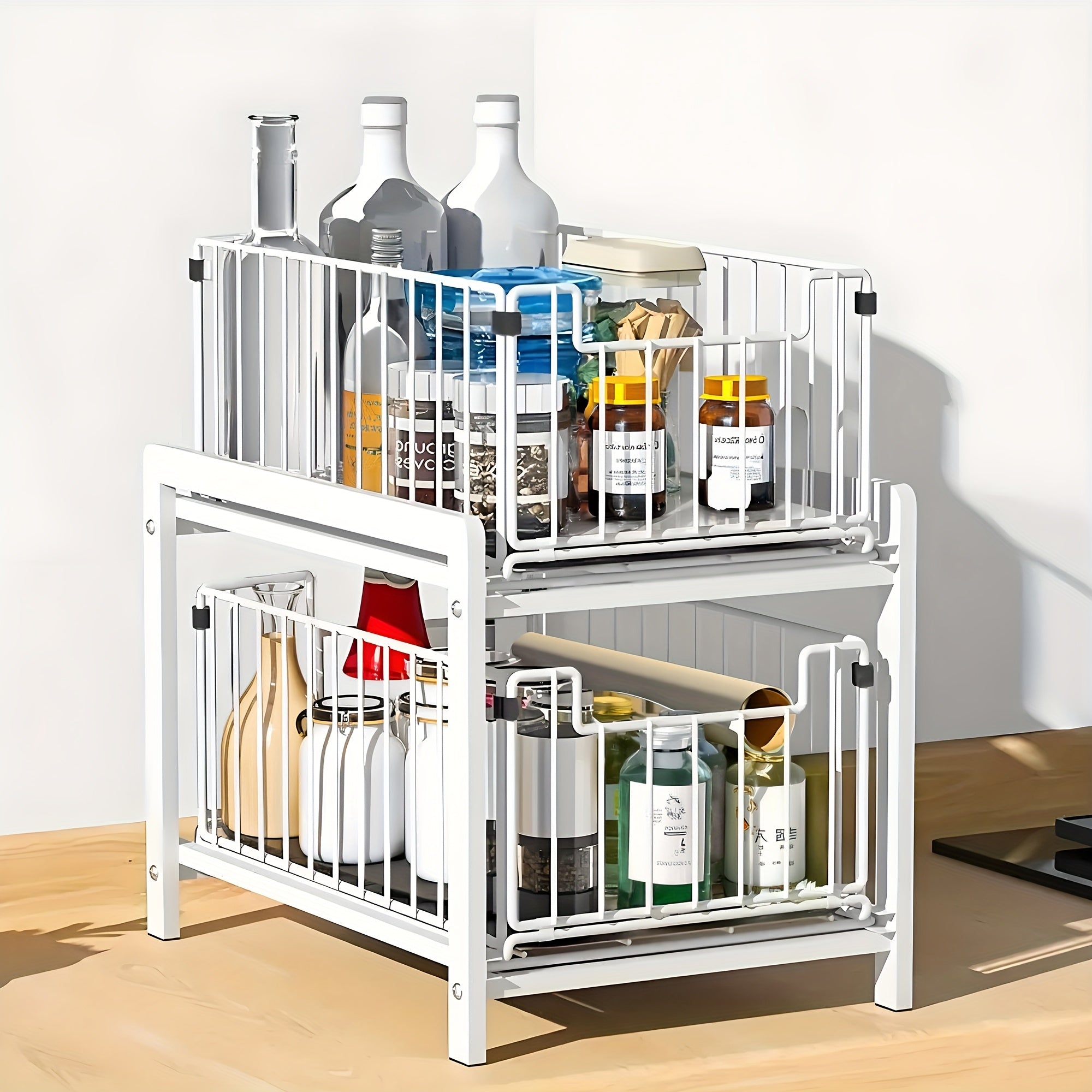 Storage Bins – 2-Tier Sliding Under-Sink Organizer Rack – Durable Metal Wire Storage Basket for K