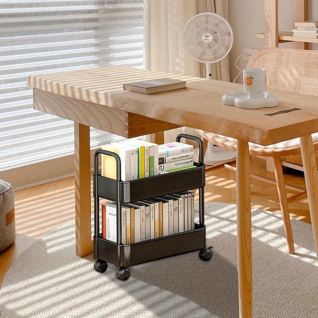 2pcs Rolling Cart with Wheels and Handle,Rolling Storage Cart for Office, Living Room, Laundry Room,Kitchen,Bathroom, Black White
