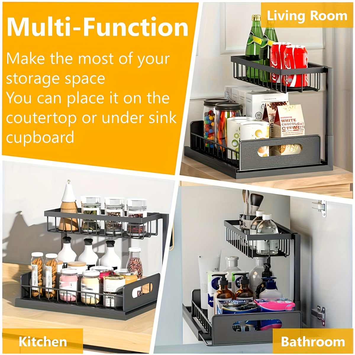 Set of 2 Under-Sink Storage Organizers, Featuring a Pull-Out Cabinet Design, with a Two-Tier Sliding Basket Shelf Suitable for Kitchen And Bathroom Use, Adjustable L-Shaped Counter Organizers