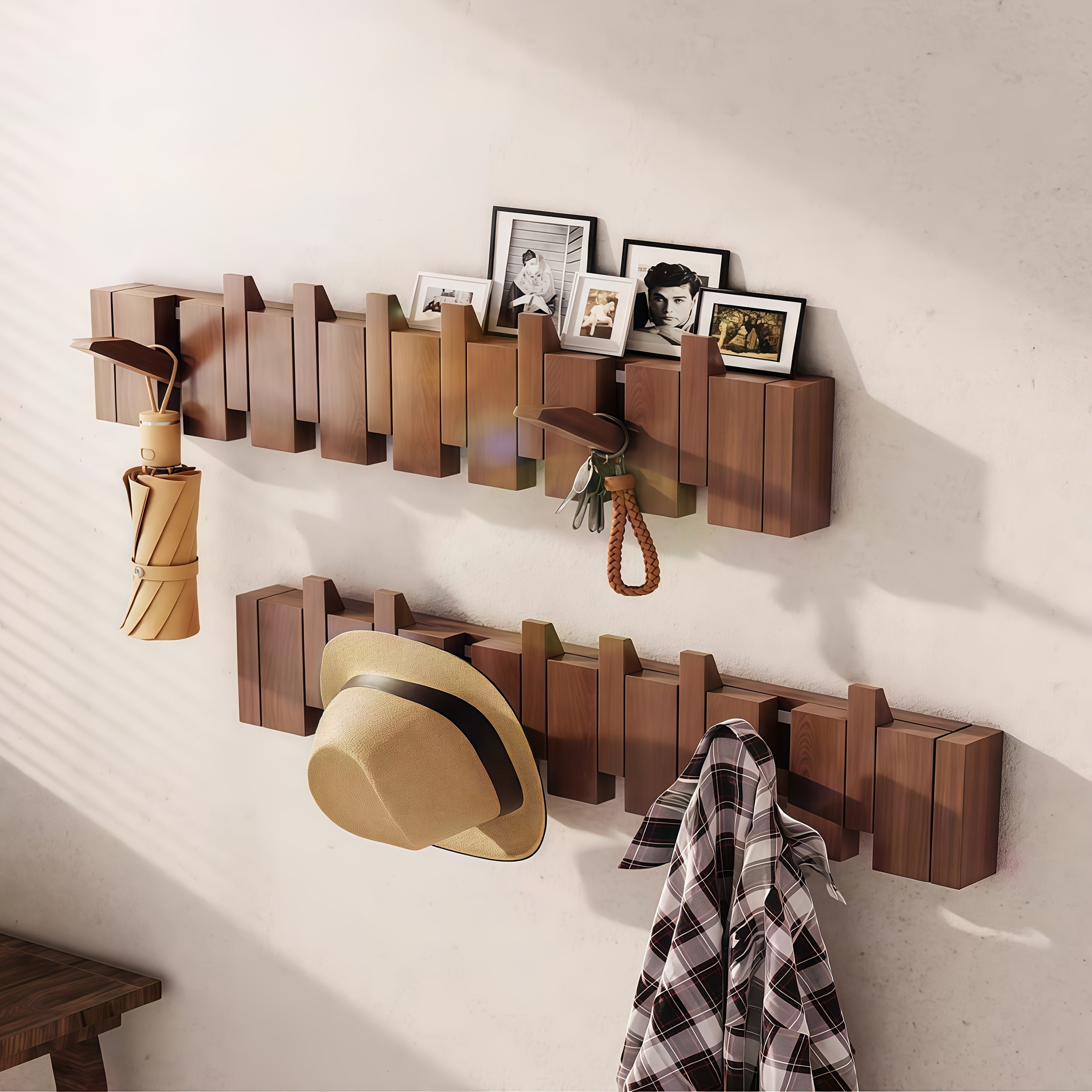 Versatile 1pc Adjustable Home Storage Rack – durable multi-purpose storage, 1pc Natural Wood Wall-Mounted Coat Rack with 10 Hooks - Piano-Shaped Accordion Design Walnut, designed for American homes, daily convenience and practical gifting