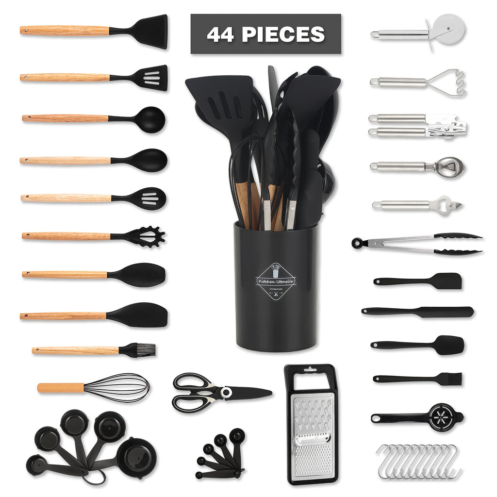 Kitchen Essential – 44pcs Silicone Kitchen Utensil Set with Holder, Nonstick Cooking Utensils, Wooden Handle Kitchen Tools, Spatula Turner Spoon Tongs Whisk Measuring Cups, Kitchen Accessori