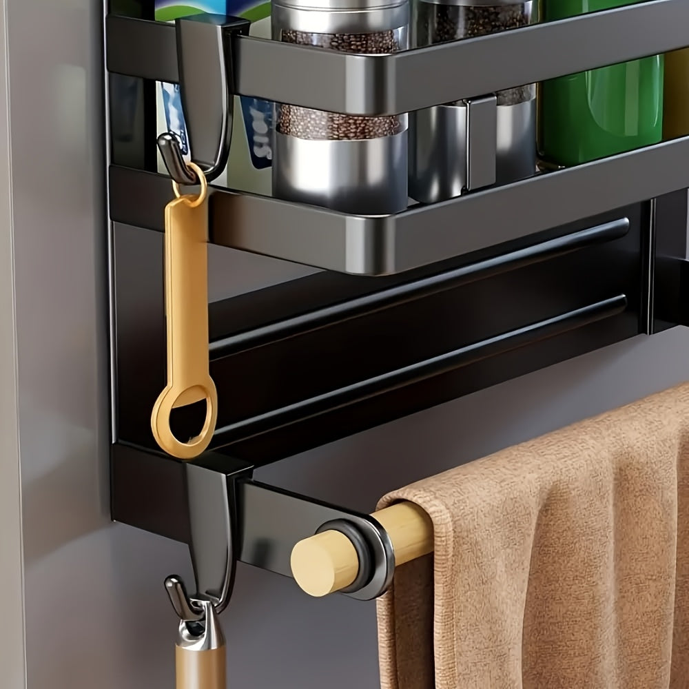 Magnetic Spice Rack for Refrigerator, Magnetic Shelf for Fridge Magnet Organizer Moveable Magnetic Paper Towel Holder with 4 Hooks for Kitchen Oven Space Saving