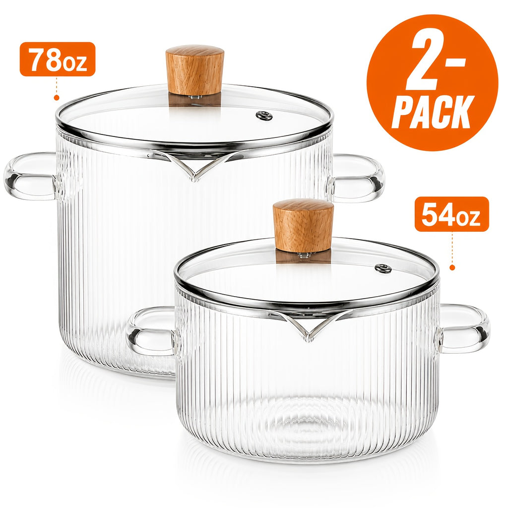 [2-Pack] Stovetop Safe Ribbed Glass Pots with Lids, 78Oz & 54Oz Saucepan for Soup Ramen Milk, Heat Resistant Borosilicate Cookware