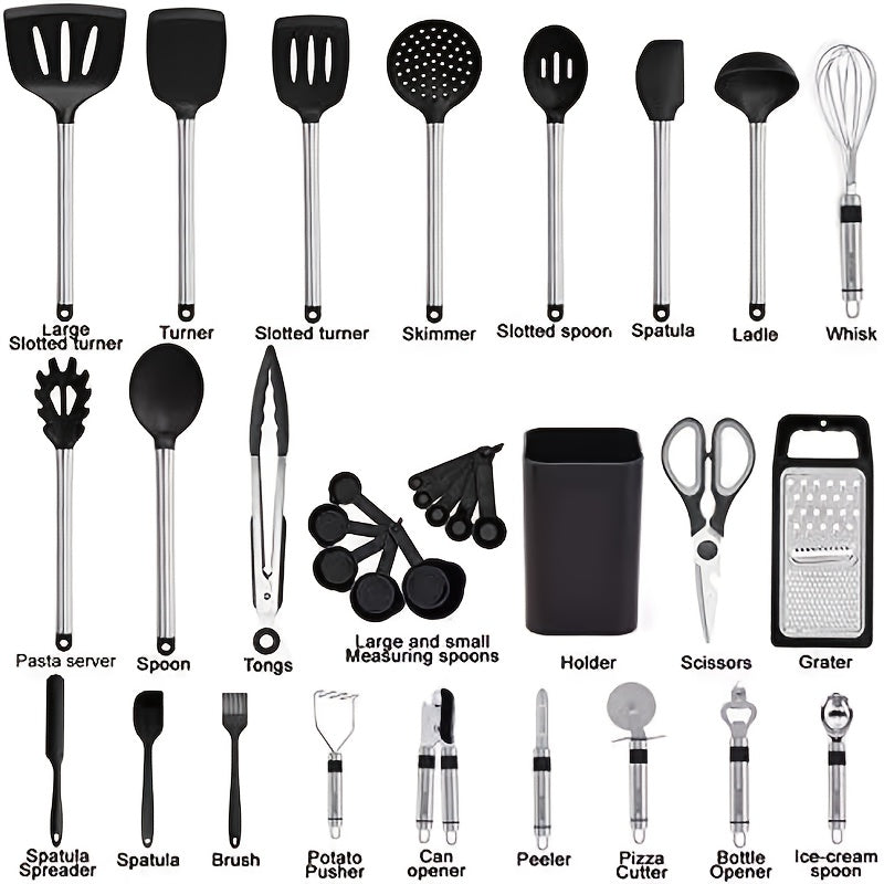 Kitchen Essential – 33pcs Silicone Kitchen Utensil Set | Heat-resistant, Suitable for Non-stick Cookware, Black Stainless Steel Handle, Includes Brush Set, Small Kitchen Tools, Ideal Father'