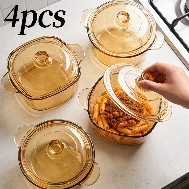 1/2/4pcs Premium Amber-Tinted High-Borosilicate Glass Pot with Lid 33.81oz Thermal Shock Resistant Multi-functional Suitable for Stovetop Oven Microwave Freezer Dishwasher Ideal for Simmering Soups Stewing Dishes Roasting Meats Essential