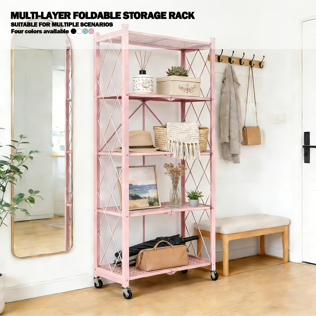 Compact Adjustable Home Storage Rack – durable multi-purpose storage, 5 4 3-Tier Heavy-Duty Folding Storage Rack With Wheels - Portable Multi-Layer Floor-standing Shelf, designed for American homes, daily convenience and practical gifting
