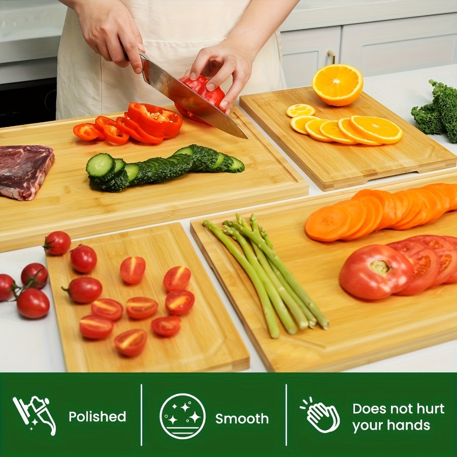 4pcs Oversized Bamboo Chopping Board Set | Durable with Juice Tank Design, Suitable for Meat, Vegetables, and Fruits | Ideal Mother'S Day/Father'S Day Gifts, Essential Kitchen Tools for Family and Friends