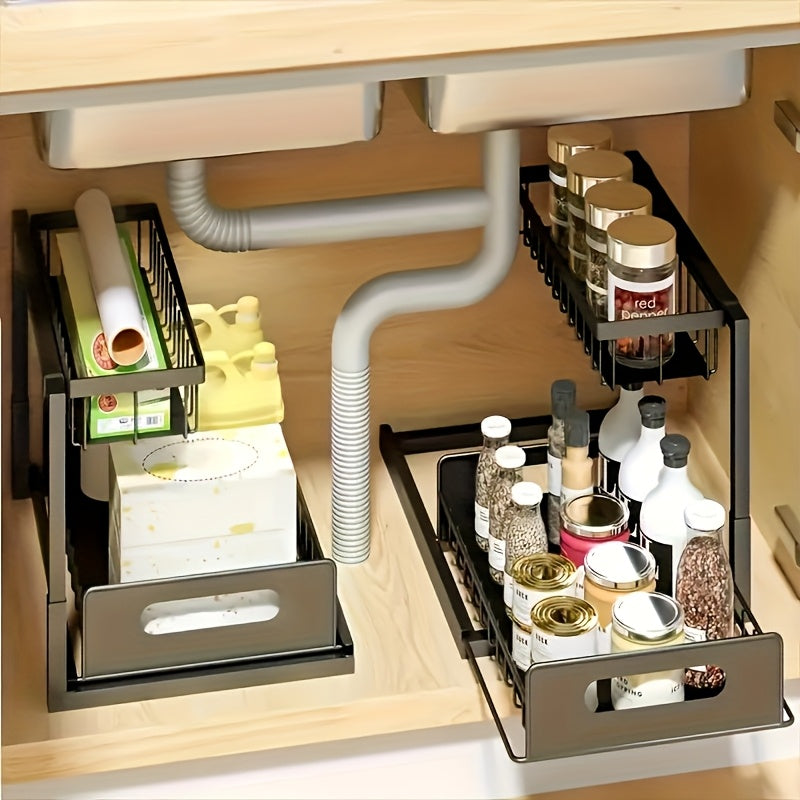 Kitchen Storage Organizer – 1/2pcs Kitchen Organizers And Storage, Kitchen Accessories, Utility Racks, Under Sink Organizer, Pull Out Cabinet Organizer, 2 Tier Slide Out Sink Shelf, Cabinet