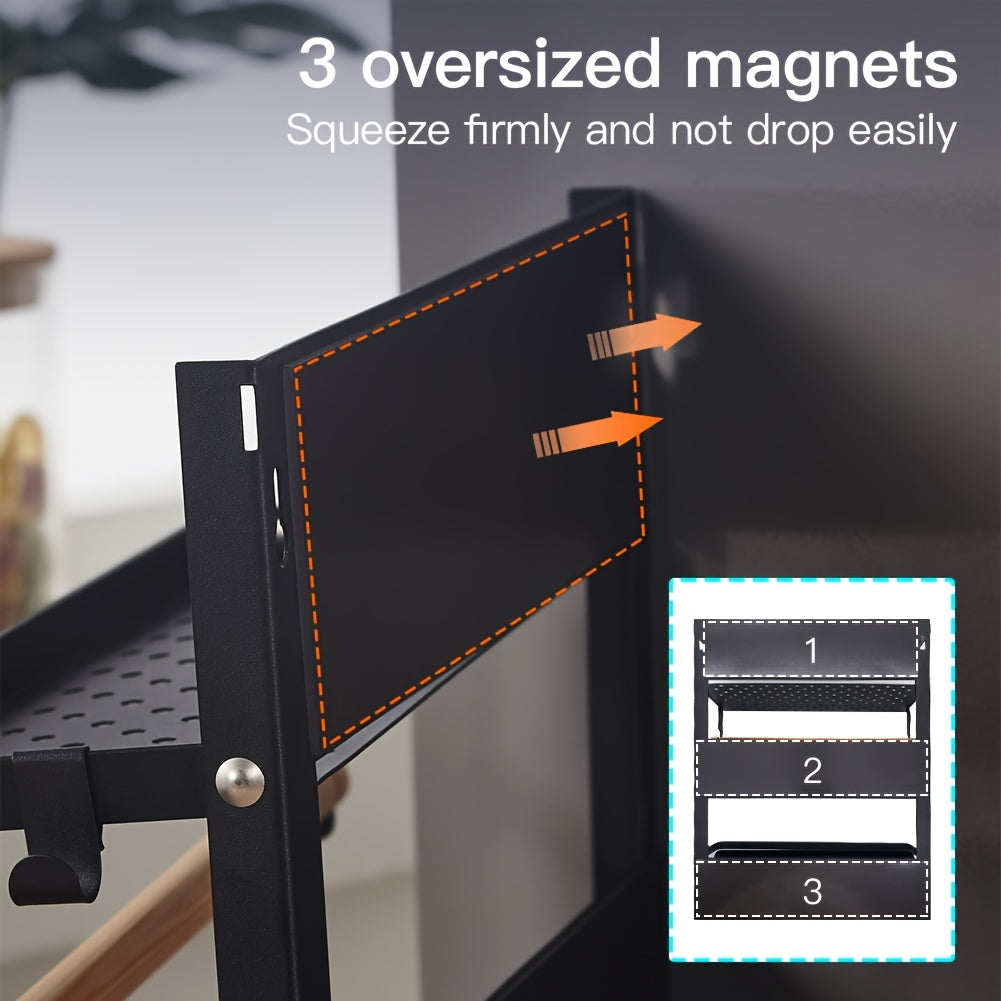 Kitchen Essential – Magnetic Fridge Organizer Spice Rack with Paper Towel Holder And 5 Extra Hooks, 3 Tier Magnet Refrigerator Shelf In Kitchen Holds Up to 45 LBS, Black, Utility Racks for M