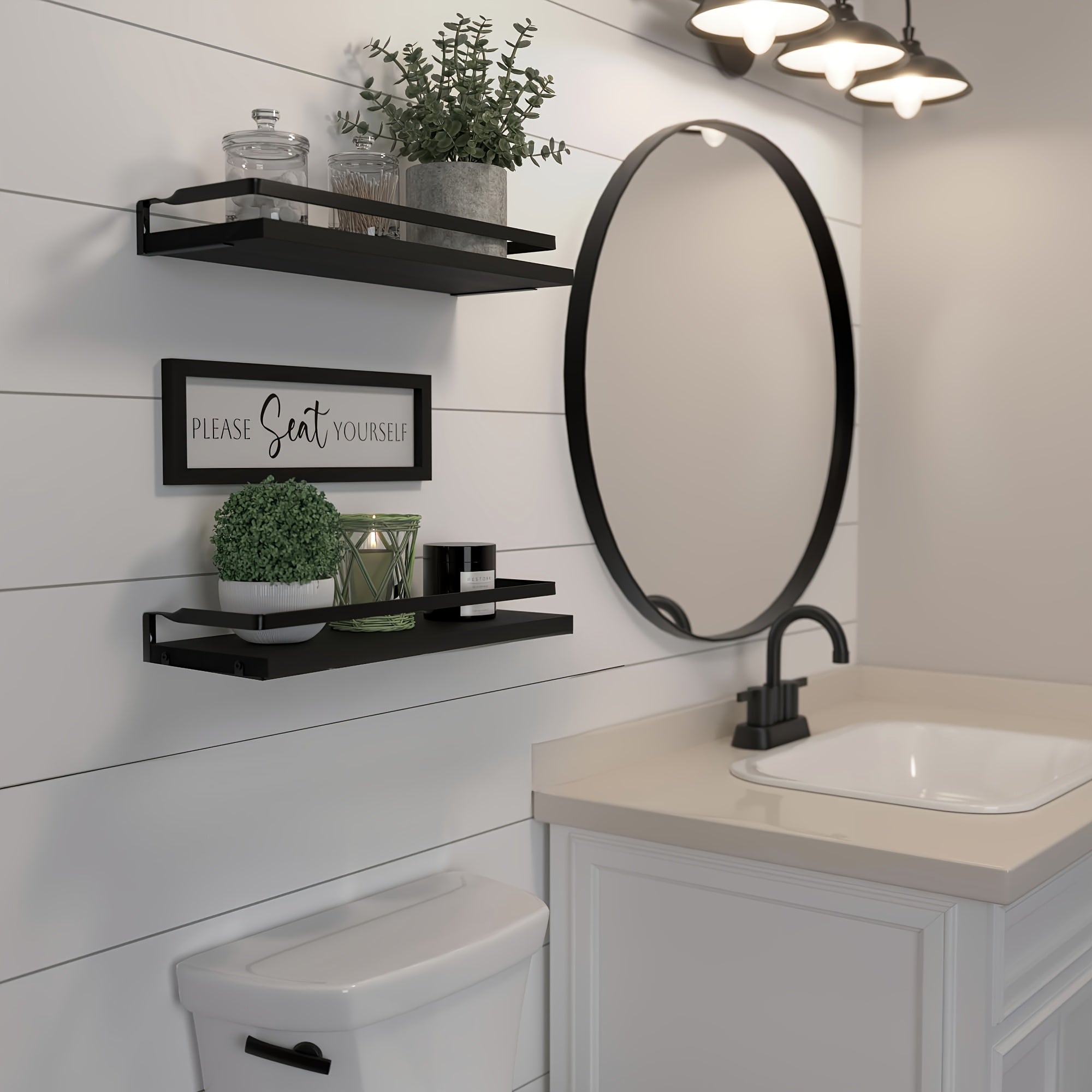 3-Tier Floating Shelves for Wall Decor | Black Metal Guardrail, Over Toilet with Storage Basket, Suitable for Bedroom, Living Room, Kitchen and Bathroom