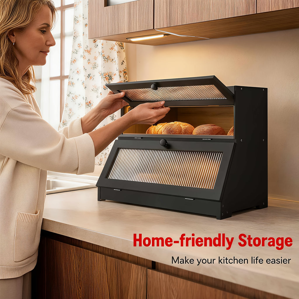 Bread Bin & Bread Bins for Kitchen, Double-tiered Black Wooden Bread Bin, Large-capacity Bread Storage Box Ideal for Kitchen Counters