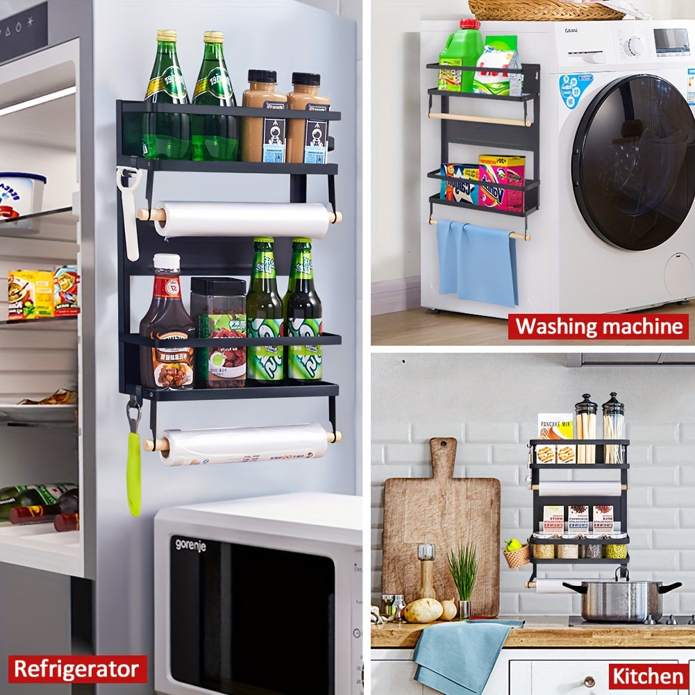 Kitchen Essential – Magnetic Fridge Organizer Spice Rack with Paper Towel Holder And 5 Extra Hooks, 3 Tier Magnet Refrigerator Shelf In Kitchen Holds Up to 45 LBS, Black, Utility Racks for M